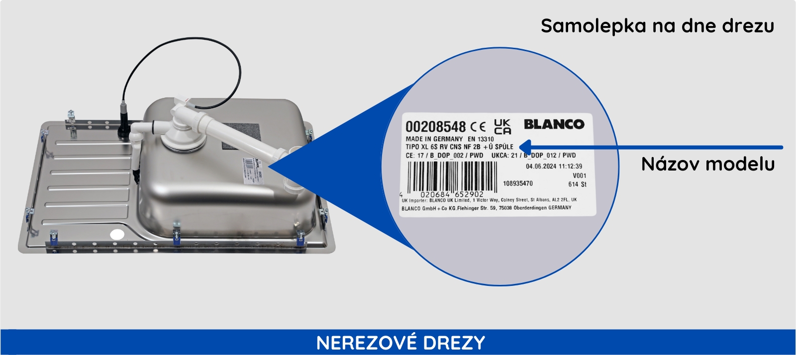 Umiestnenie výrobného štítku na nerezovom a granitovom/keramickom dreze BLANCO